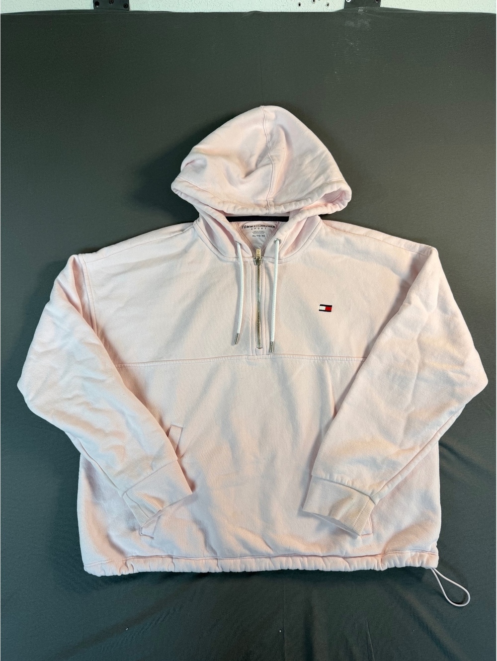 Tommy Hilfiger Sport XL Pink Hoodie Pullover Sweatshirt with Half-Zip and Drawn-